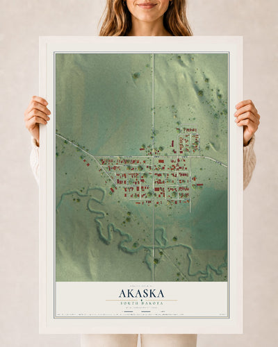 Map of Akaska, South Dakota, 24 x 36 inch print in a white wood frame