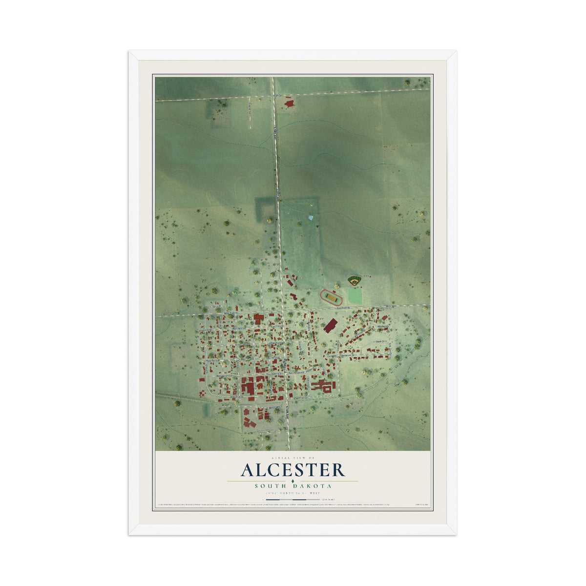 Map of Alcester, South Dakota, 12 x 18 inch print in a white wood frame