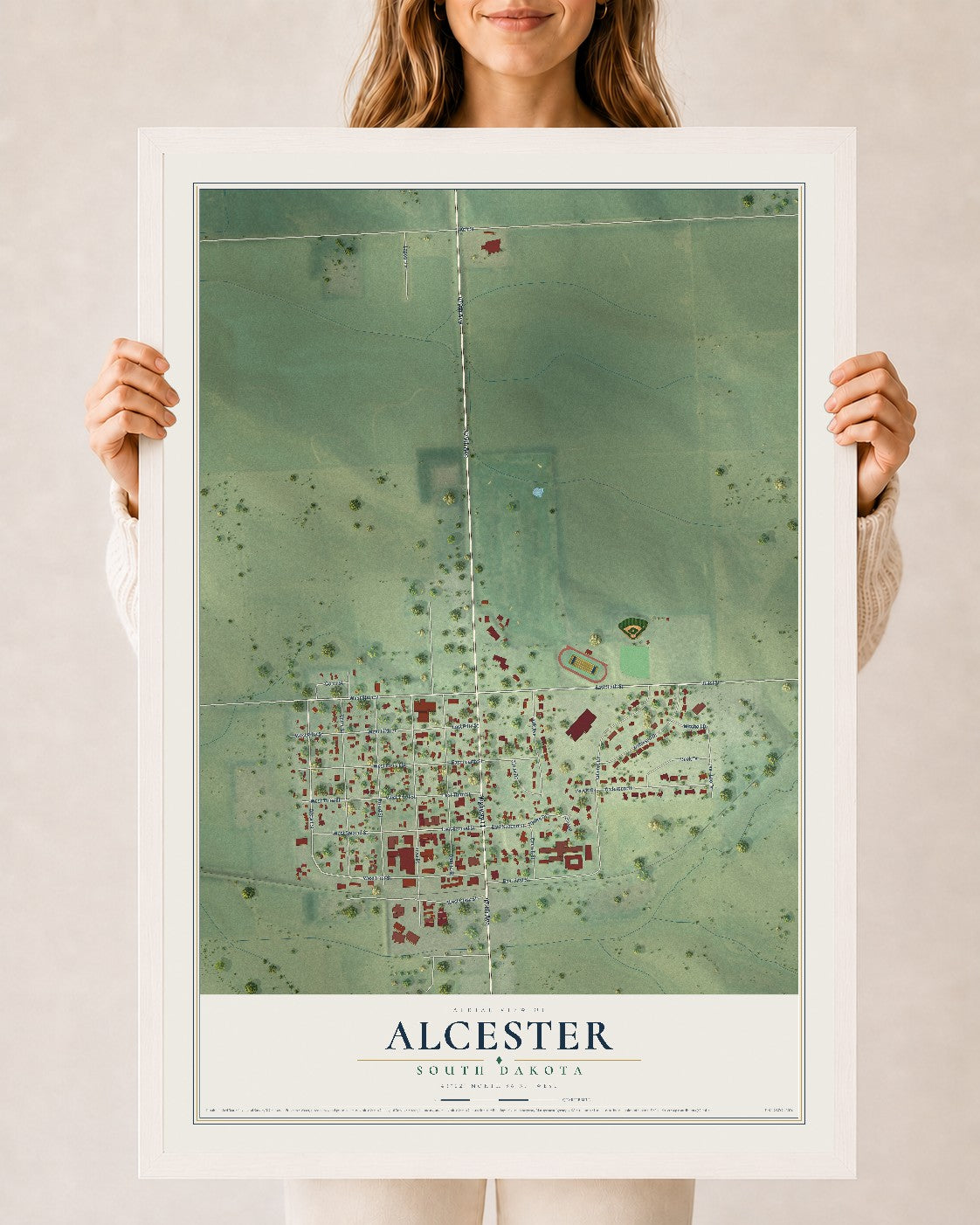 Map of Alcester, South Dakota, 24 x 36 inch print in a white wood frame