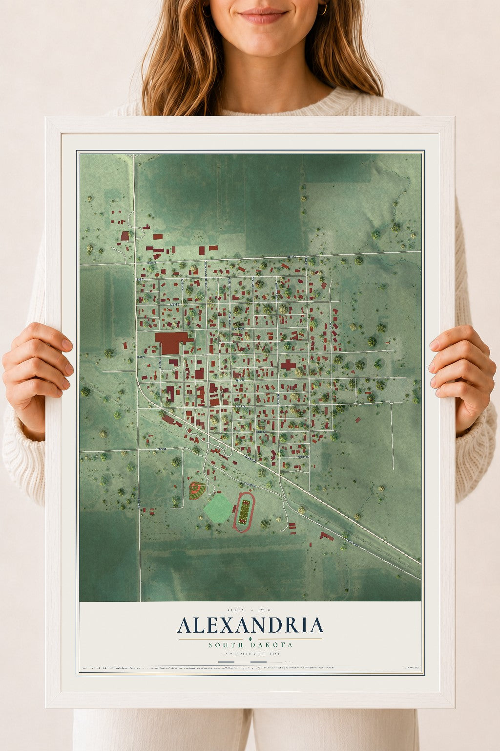 Map of Alexandria, South Dakota, 18 x 24 inch print in a white wood frame