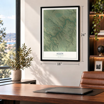 Allen, South Dakota map, 18 x 24 inch print in a black frame in a home office