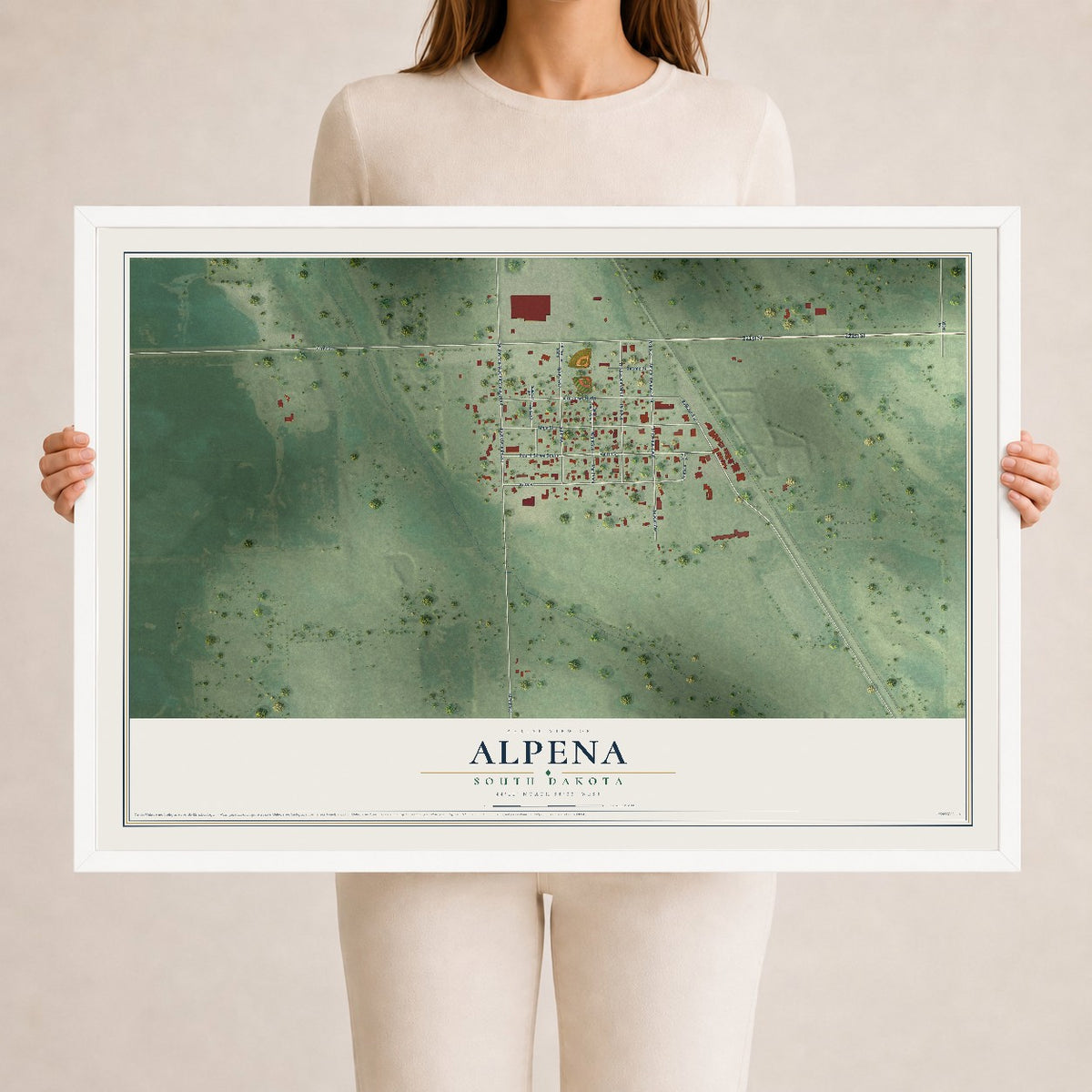 Map of Alpena, South Dakota, 24 x 36 inch print in a white wood frame