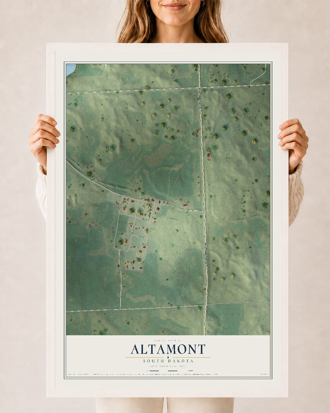 Map of Altamont, South Dakota, 24 x 36 inch print in a white wood frame