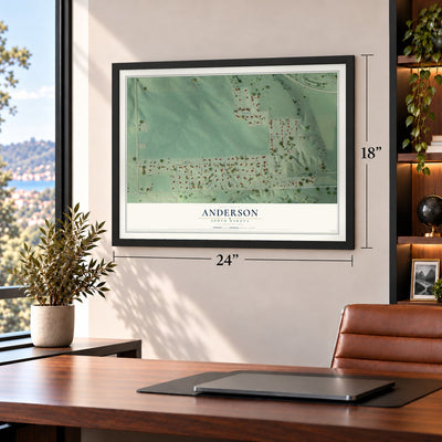 Anderson, South Dakota map, 18 x 24 inch print in a black frame in a home office