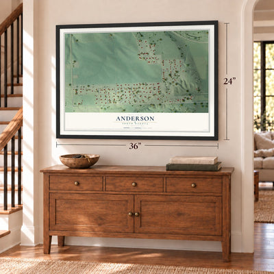 Anderson, South Dakota map, 24 x 36 inch print in a black frame above a dresser by a staircase