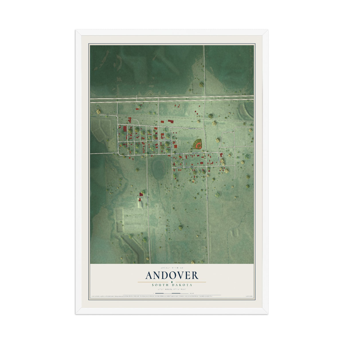 Map of Andover, South Dakota, 12 x 18 inch print in a white wood frame