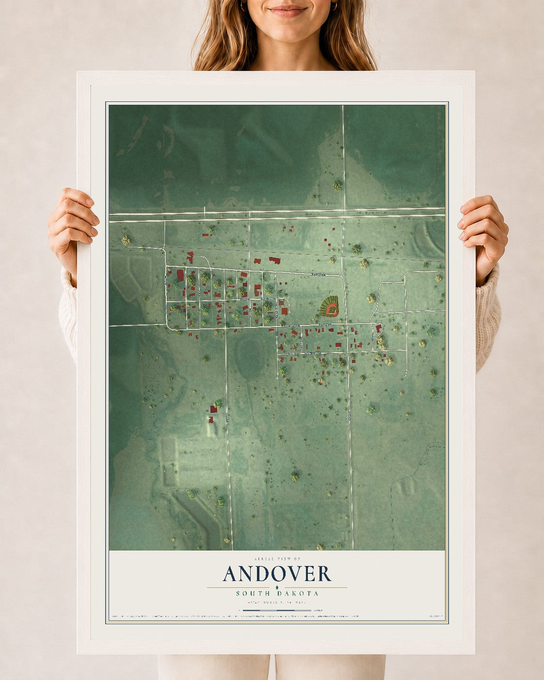 Map of Andover, South Dakota, 24 x 36 inch print in a white wood frame