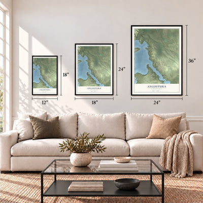 Angostura, South Dakota map in 12 x 18, 18 x 24 and 24 x 36 inch sizes above a sofa