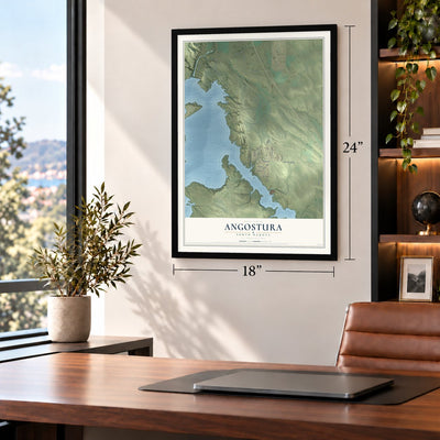 Angostura, South Dakota map, 18 x 24 inch print in a black frame in a home office