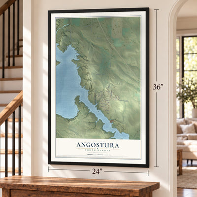 Angostura, South Dakota map, 24 x 36 inch print in a black frame by a staircase