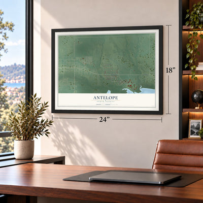 Antelope, South Dakota map, 18 x 24 inch print in a black frame in a home office