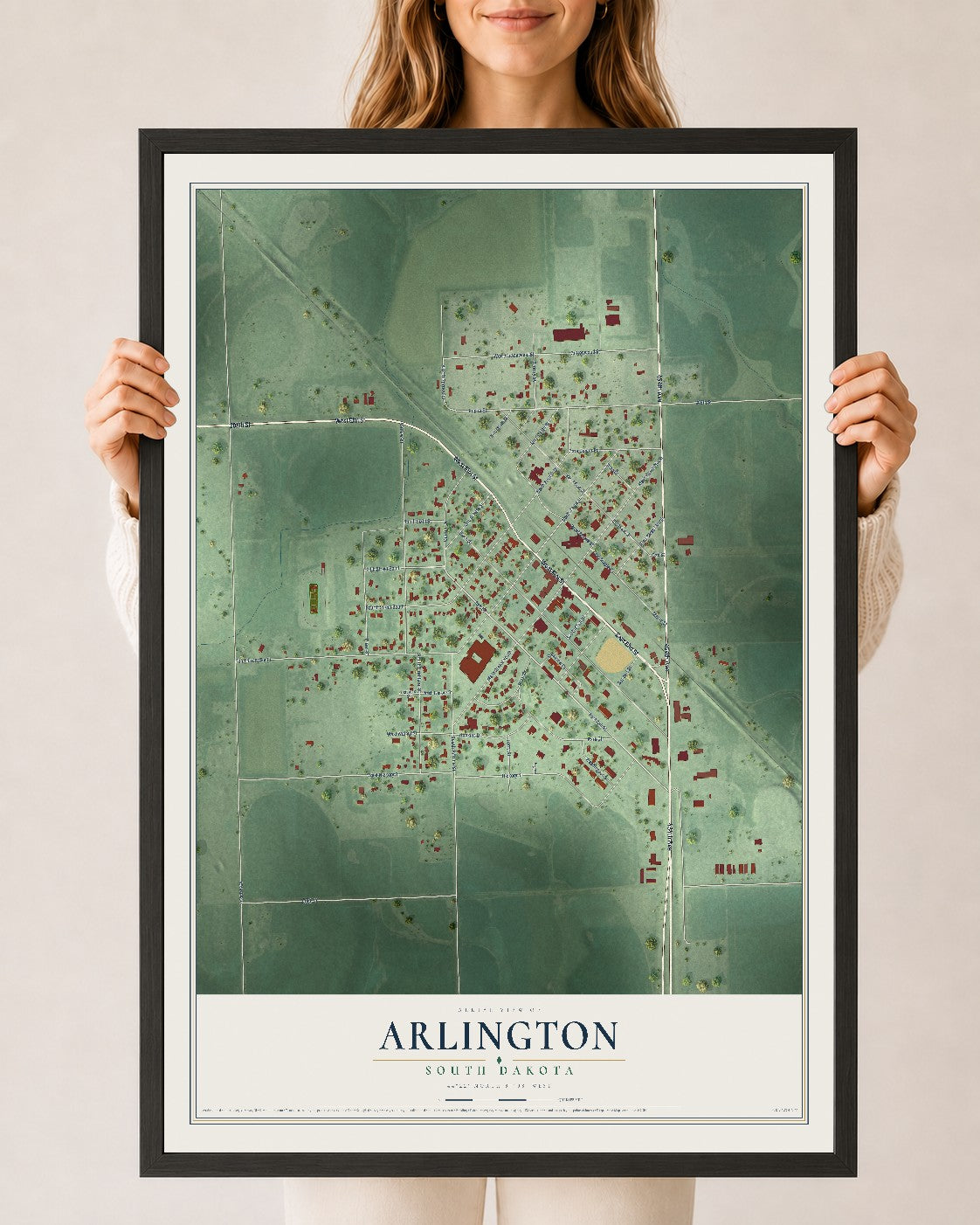 Map of Arlington, South Dakota, 24 x 36 inch print in a black wood frame