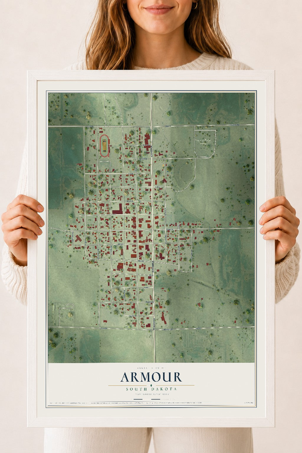 Map of Armour, South Dakota, 18 x 24 inch print in a white wood frame