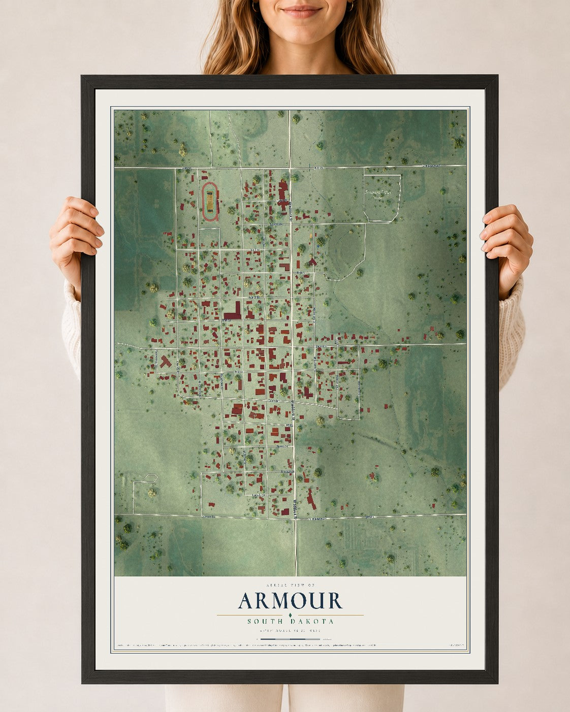 Map of Armour, South Dakota, 24 x 36 inch print in a black wood frame