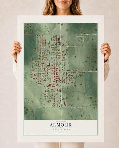 Map of Armour, South Dakota, 24 x 36 inch print in a white wood frame