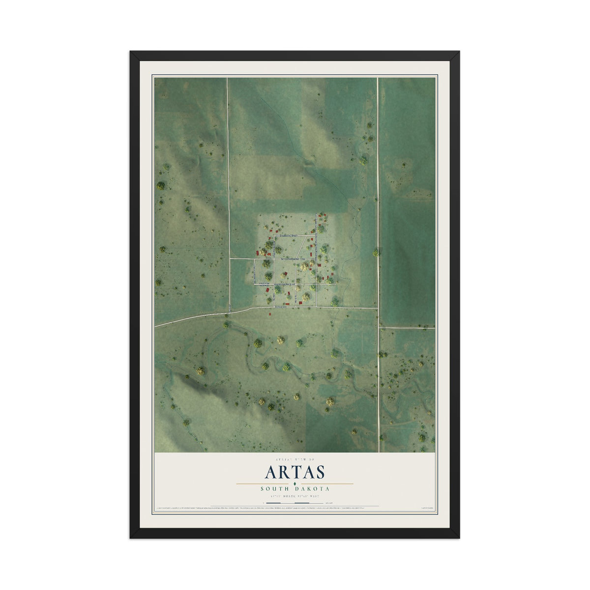 Map of Artas, South Dakota, 12 x 18 inch print in a black wood frame