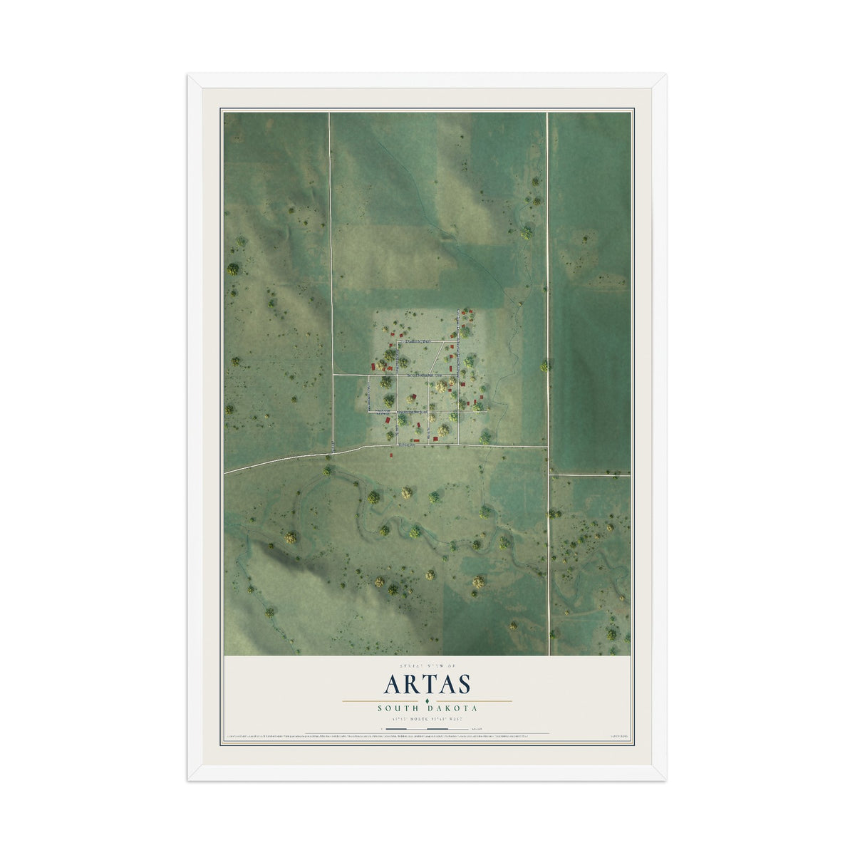 Map of Artas, South Dakota, 12 x 18 inch print in a white wood frame