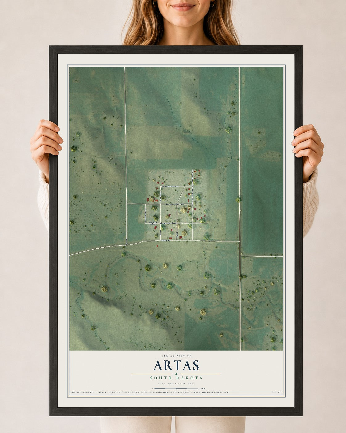 Map of Artas, South Dakota, 24 x 36 inch print in a black wood frame