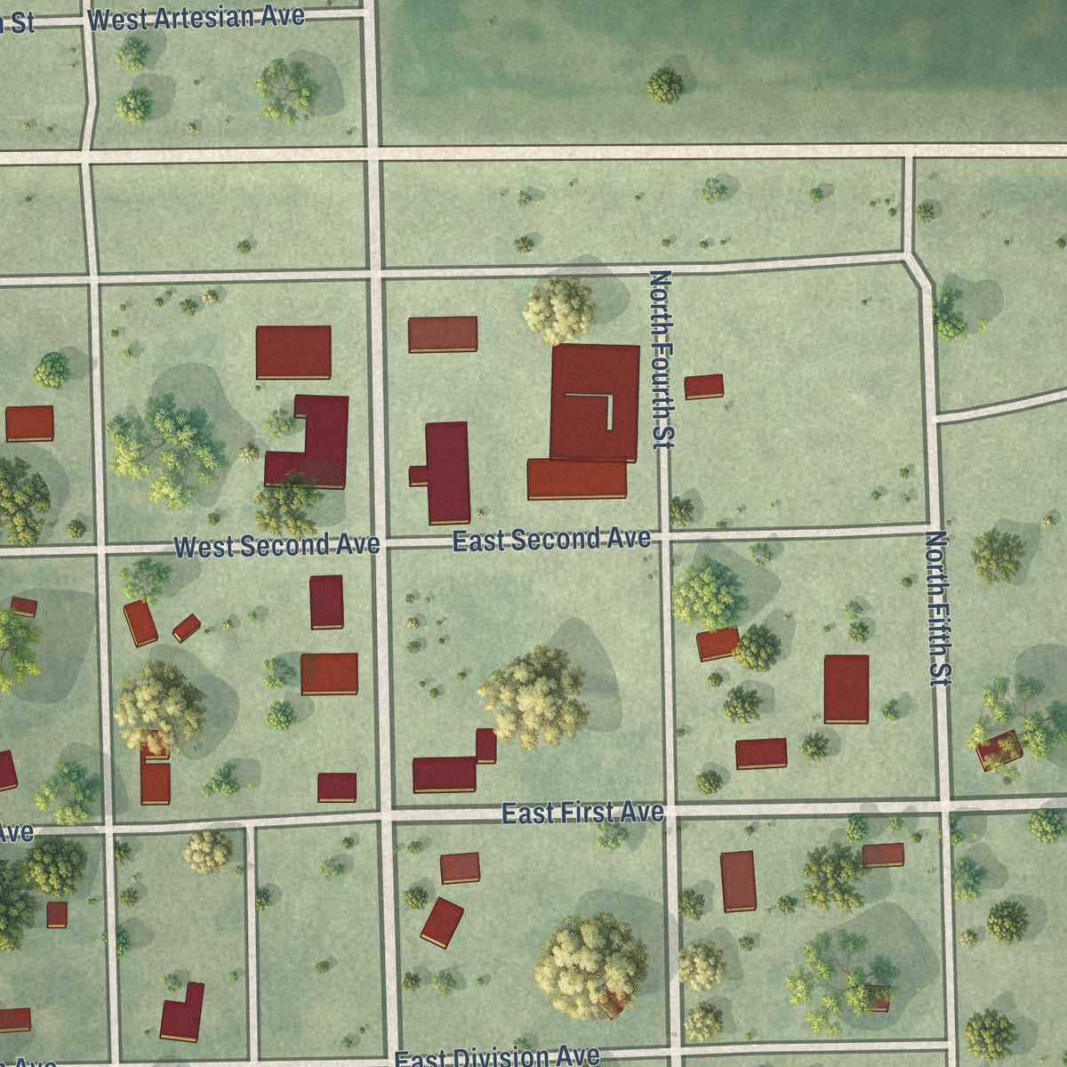 Close-up of the map of Artesian, South Dakota print showing street and building detail