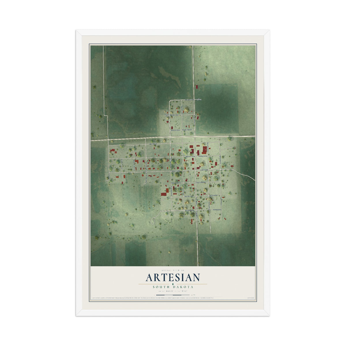 Map of Artesian, South Dakota, 12 x 18 inch print in a white wood frame