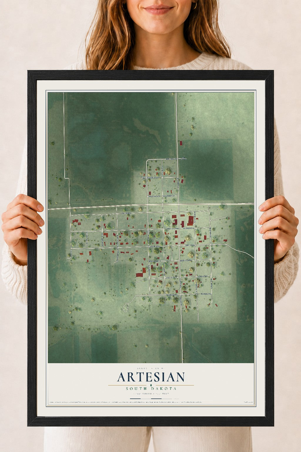 Map of Artesian, South Dakota, 18 x 24 inch print in a black wood frame