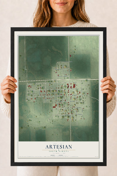 Map of Artesian, South Dakota, 18 x 24 inch print in a black wood frame