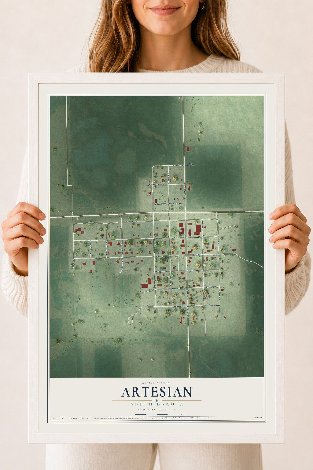 Map of Artesian, South Dakota, 18 x 24 inch print in a white wood frame