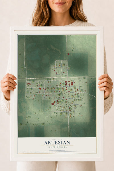 Map of Artesian, South Dakota, 18 x 24 inch print in a white wood frame