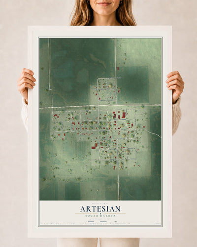 Map of Artesian, South Dakota, 24 x 36 inch print in a white wood frame