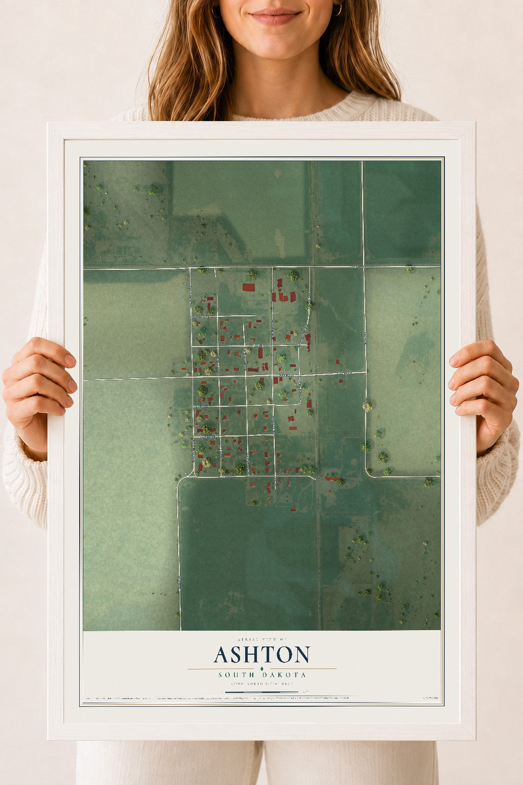 Map of Ashton, South Dakota, 18 x 24 inch print in a white wood frame