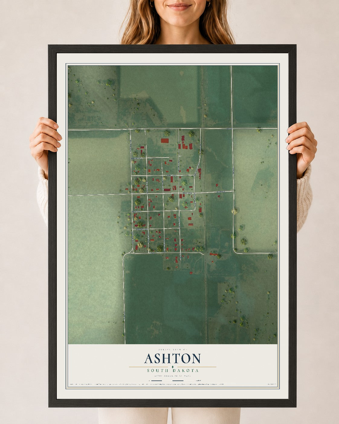 Map of Ashton, South Dakota, 24 x 36 inch print in a black wood frame