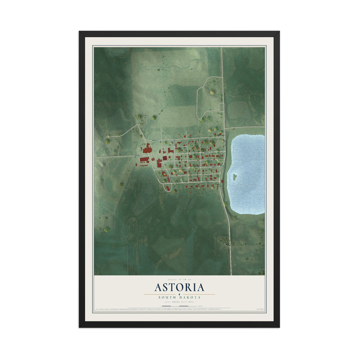 Map of Astoria, South Dakota, 12 x 18 inch print in a black wood frame