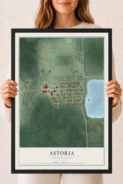 Map of Astoria, South Dakota, 18 x 24 inch print in a black wood frame