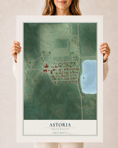 Map of Astoria, South Dakota, 24 x 36 inch print in a white wood frame