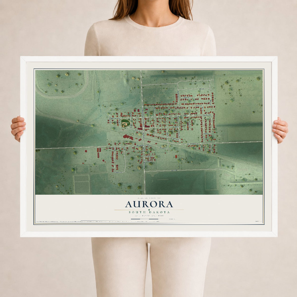 Map of Aurora, South Dakota, 24 x 36 inch print in a white wood frame