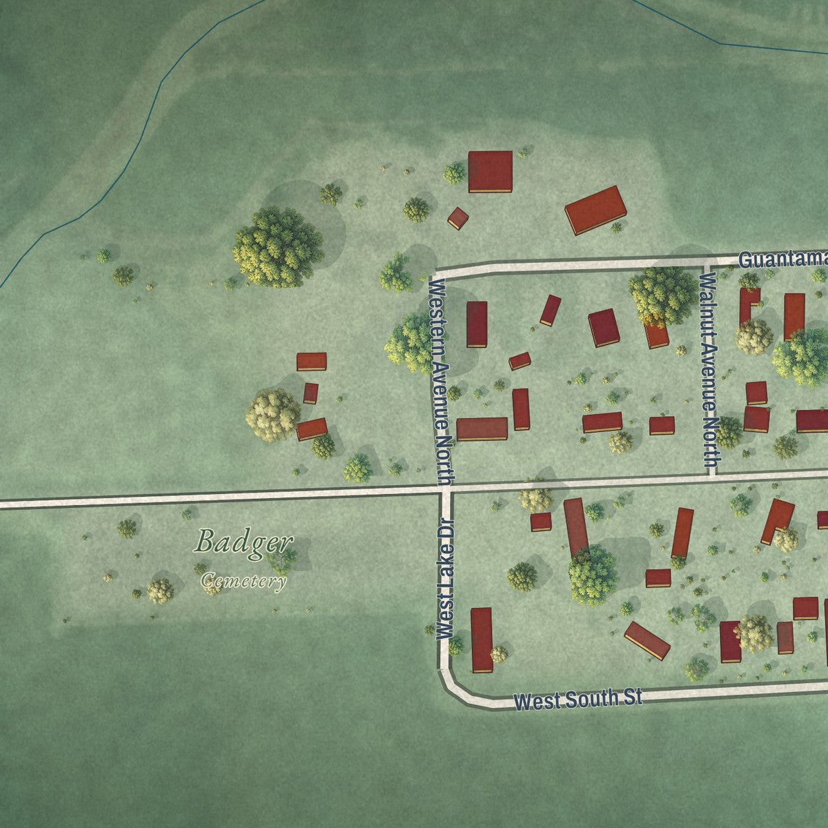 Second close-up of the map of Badger, South Dakota print showing more streets and buildings