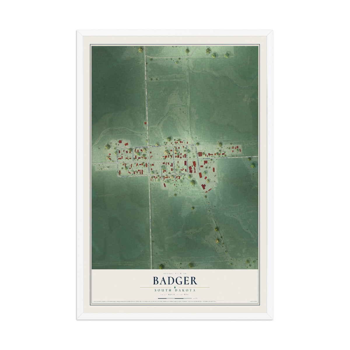 Map of Badger, South Dakota, 12 x 18 inch print in a white wood frame