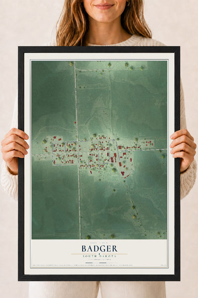 Map of Badger, South Dakota, 18 x 24 inch print in a black wood frame