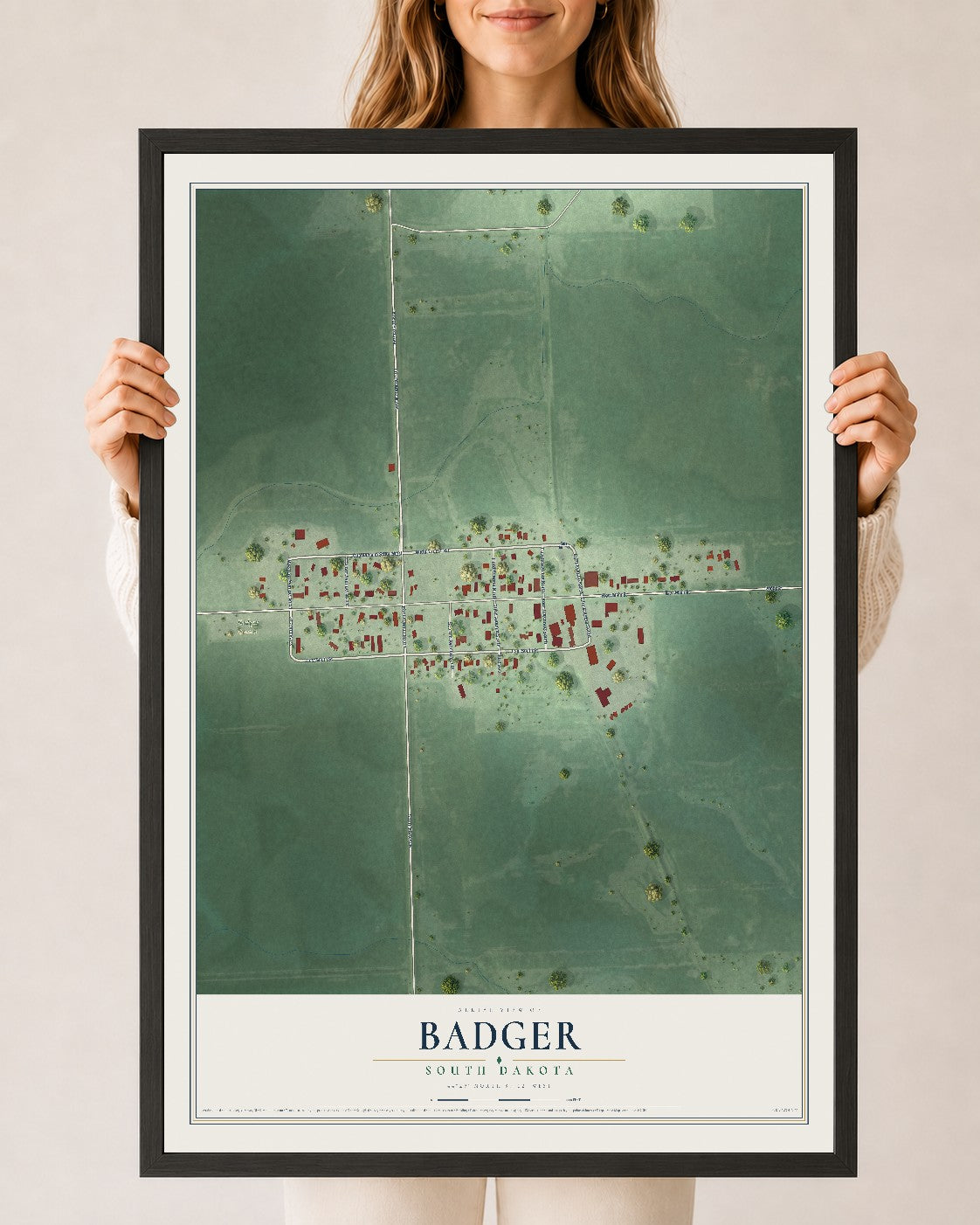 Map of Badger, South Dakota, 24 x 36 inch print in a black wood frame