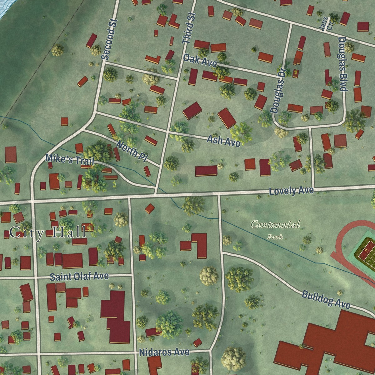 Close-up of the map of Baltic, South Dakota print showing street and building detail