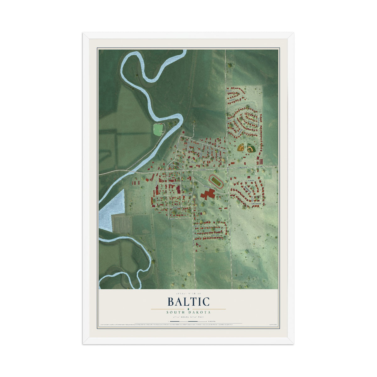 Map of Baltic, South Dakota, 12 x 18 inch print in a white wood frame