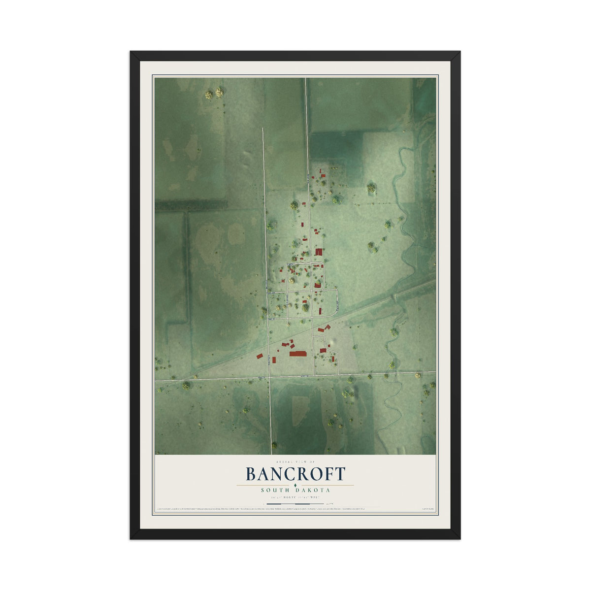 Map of Bancroft, South Dakota, 12 x 18 inch print in a black wood frame
