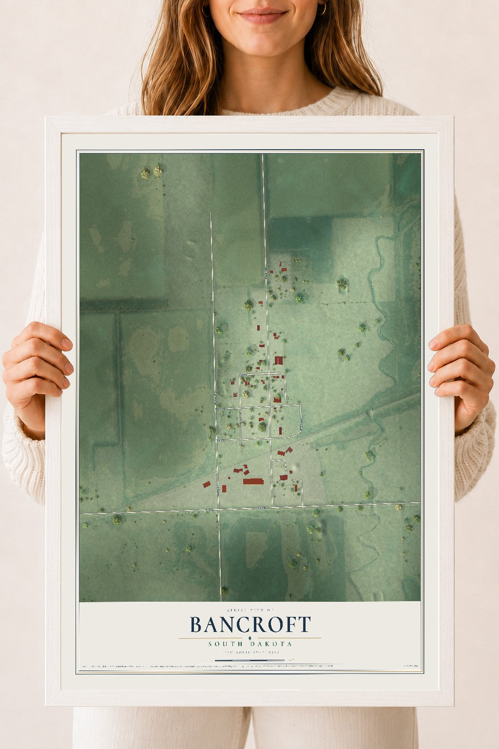 Map of Bancroft, South Dakota, 18 x 24 inch print in a white wood frame