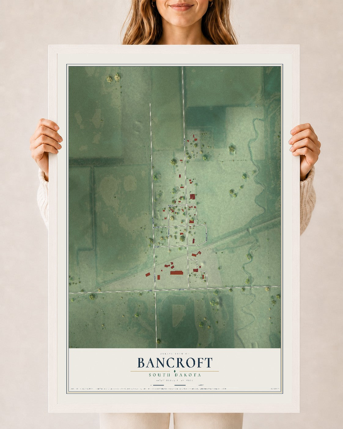 Map of Bancroft, South Dakota, 24 x 36 inch print in a white wood frame
