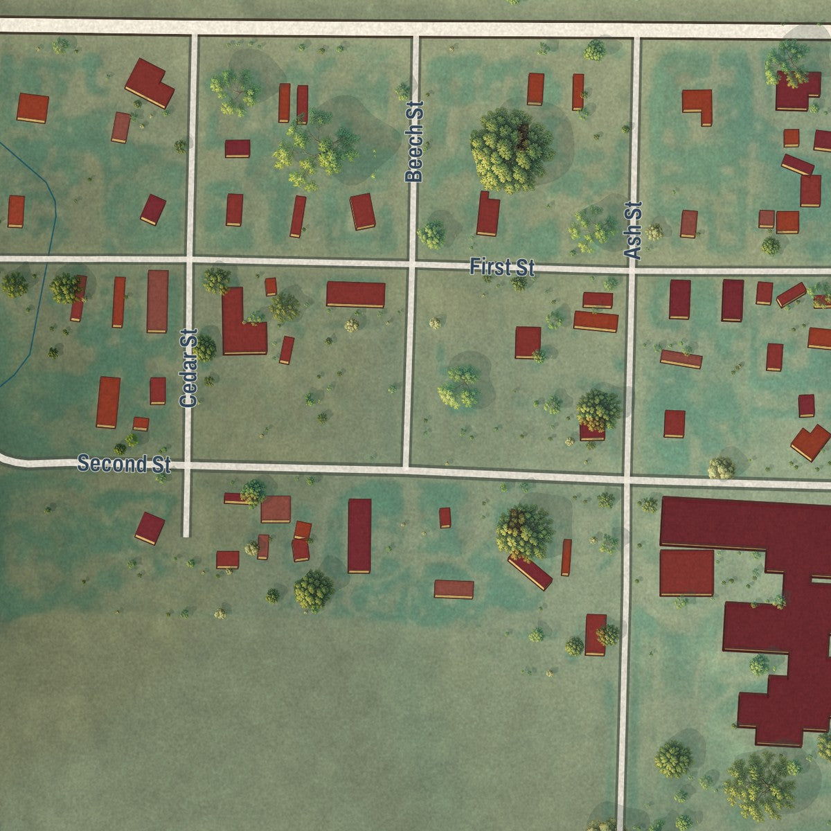 Close-up of the map of Batesland, South Dakota print showing street and building detail
