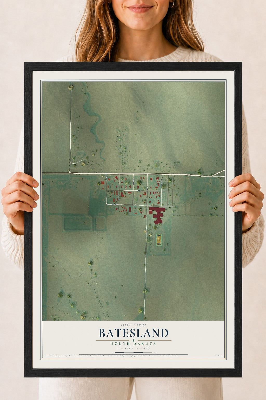 Map of Batesland, South Dakota, 18 x 24 inch print in a black wood frame