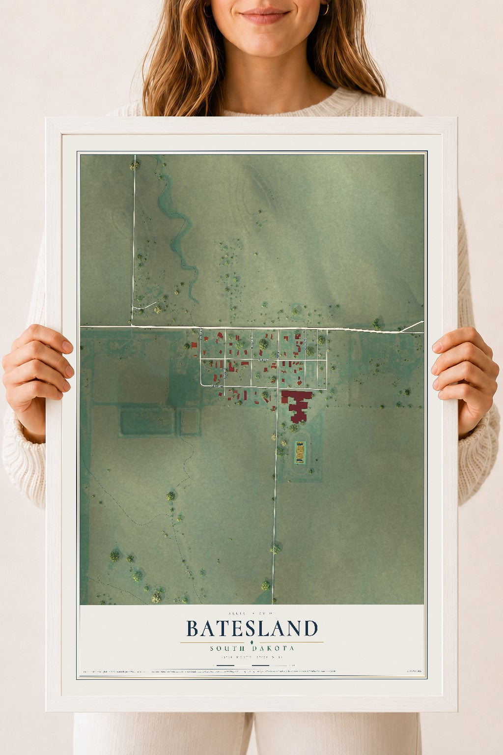 Map of Batesland, South Dakota, 18 x 24 inch print in a white wood frame