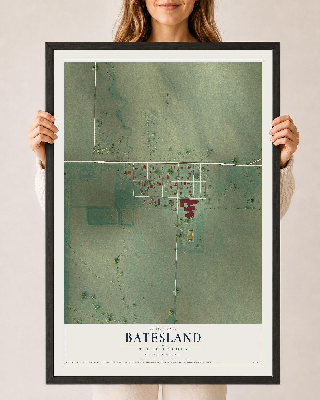 Map of Batesland, South Dakota, 24 x 36 inch print in a black wood frame