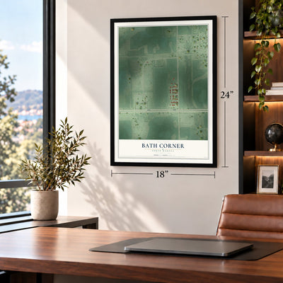 Bath Corner, South Dakota map, 18 x 24 inch print in a black frame in a home office