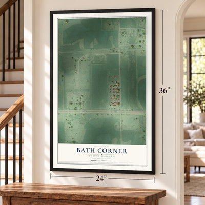 Bath Corner, South Dakota map, 24 x 36 inch print in a black frame by a staircase